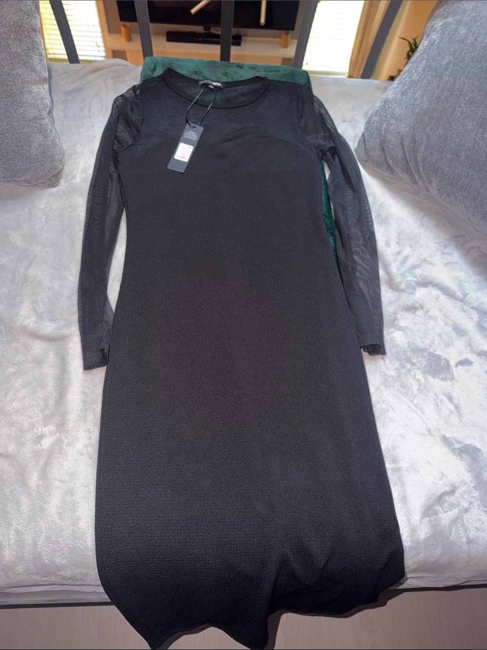 Fashion Nova Black Long Sleeve Mesh-Inset Midi Dress